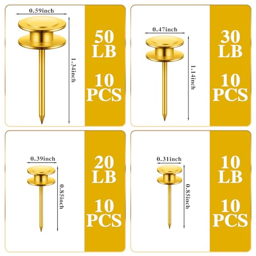 Image of Ferraycle 40 Piece Double Headed Picture Hangers Nails 4 Size Thumb Tacks for Wall Hanging Renter Friendly Decor Heavy Duty Push Pins Wall Nails for Drywall Frame Art, 10 /20 / 30 / 50lb(Gold)