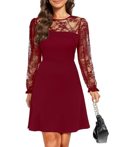 Burgundy Lace Long Sleeve Dress Lace Cocktail Wedding Guest Party Semi Formal A line Short Dresses M