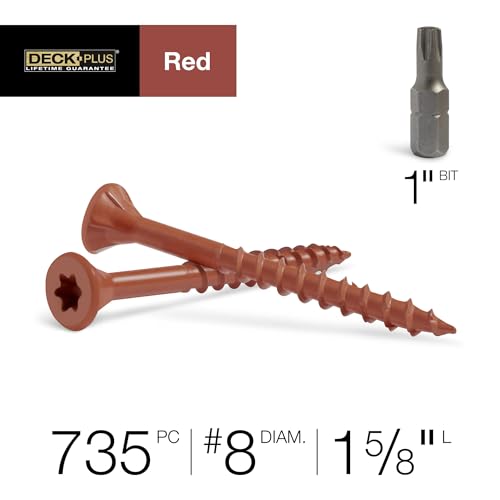 Image of Deck Plus 1-5 /8 Inch Epoxy Coated Exterior Wood and Fence Screws #8 x 1-5 /8 inch Torx /Star Drive Included Coarse Thread, Outdoor Rust Resistant Decking Screw, Red, 5lb Box, 186 Pieces | 48426