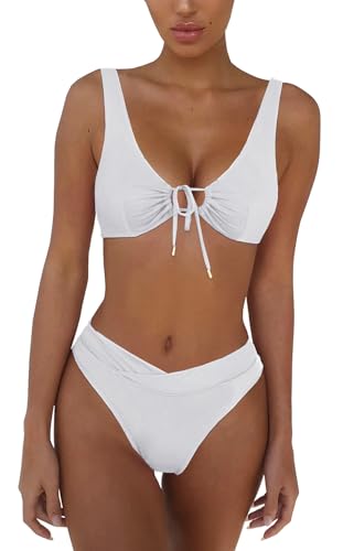Women Sexy Tie Front Cutout Push Up Bikini Set Cheeky V Crossover High Waisted Tummy Control Swimsuit 2 Piece