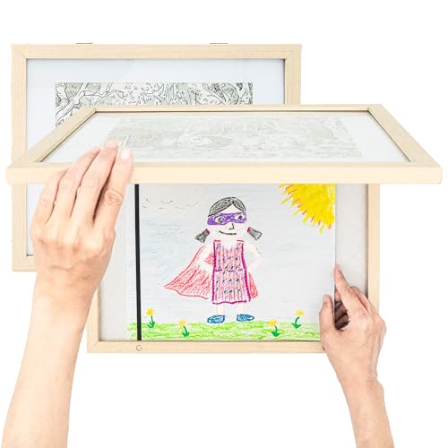 Image of Kraftyard [2 Pack] Kids Artwork Frame (8.5x11” with Mat/11x14 without Mat) - Changeable Kids Picture Frame, Can Store up to 100 Arts - Wood