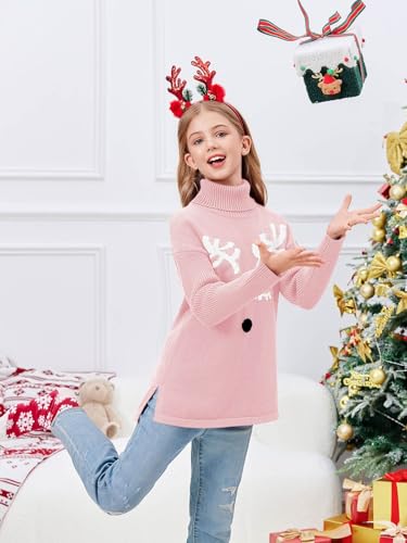 Image of Haloumoning Girls Christmas Sweater Kids Oversized Turtleneck Cute Reindeer Sweaters with Side Slit