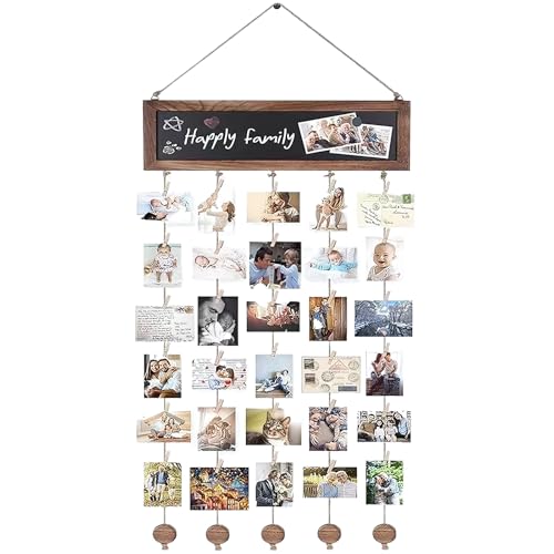 Houkary Pele Mele Photo Mural, Porte Photo Mural avec Tableau à Messages Et 30 Clips en Bois, Cadre Photos Pele Mele, Cadre Photos Postale Bois Pour...