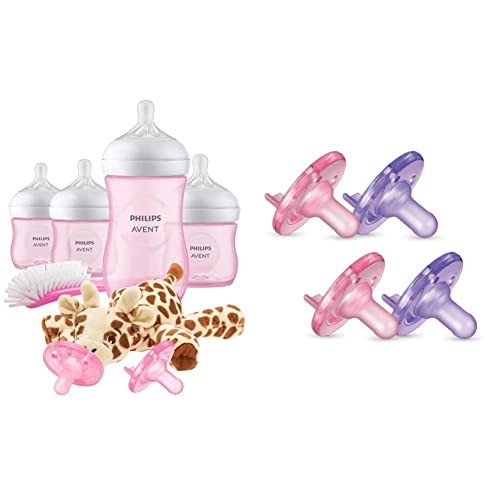 Image of Philips Avent Natural Baby Bottle with Natural Response Nipple, Pink Baby Gift Set with Snuggle, SCD838/03 & Soothie Pacifier, Pink/Purple, 0-3 Months, 4 Pack, SCF190/42