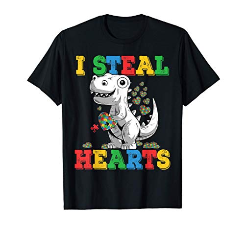 I Steal Hearts Autism Awareness Dinosaur T-rex Gift boys kid Maglietta