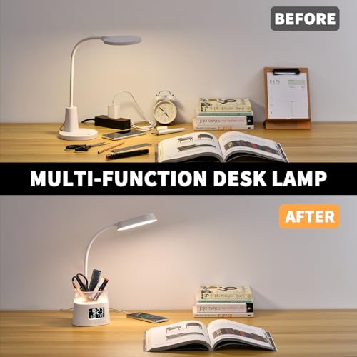 Crll Led Desk Lamp With Usb Charger: Office Lamps Table Light With Pen Holder - Kids Gooseneck Reading Lights With Clock thumb #6
