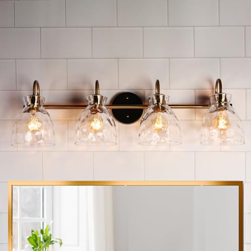Image of KSANA Bathroom Light Fixtures, 31 inch Large Vanity Lights Over Mirror 4 Light Bathroom Lighting with Textured Glass Mid-Century Modern Vanity Light for Dressing Room, Powder Room