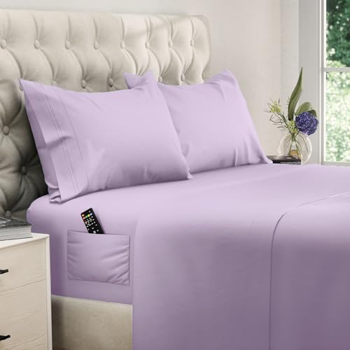 Image of DREAMCARE Queen Sheet Set - 4 pcs Breathable Cooling Sheets - up to 15 inch Deep Pocket Queen Sheets Set with Side Pockets - Extra Soft 100% Brushed Hypoallergenic Hotel Luxury Bedding - Lavender