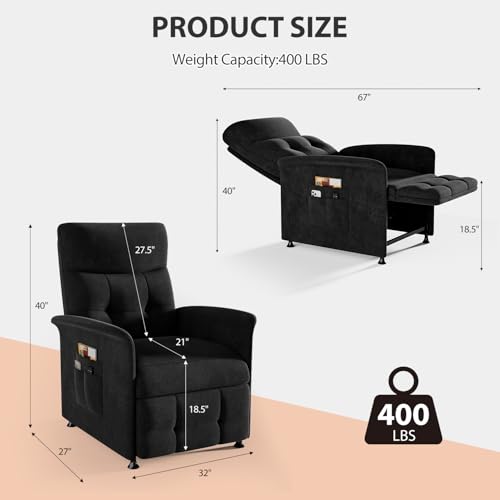 Image of Power Recliner Chair for Adults with Heat & Massage - Soft Fabric Electric Reclining Sofa with Remote Control, 3 Side Pockets, 180 Lay Sleeper for Home Theater Living Room, Black