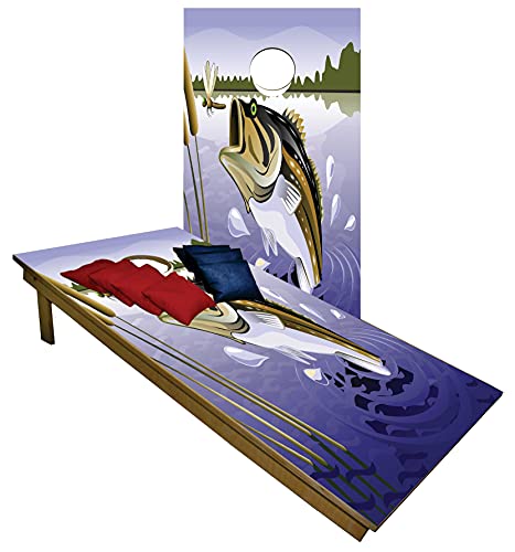 Cornhole Set -Bass Fishing Tailgate Cornhole Boards w Set of 8 Cornhole Bags! 556