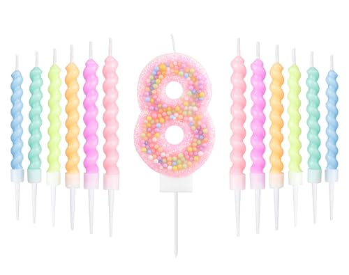 Pastel Macaron 8e jeu de bougies d'anniversaire, Décorations de 8e anniversaire pour filles,numéro 8 bougies pour gâteau,décoration de fête à the...