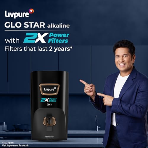Image of Livpure Glo Star Alkaline Water Purifier | RO + UV+ UF+ Copper + Alk | 2X Power Filter | No Filter Cost for 2 years* | Save Upto 21,000 on Filters | 8 Stage Advance Purification | 7L Storage | Black