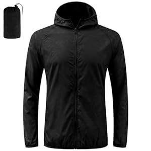 BSBUY Regenjacke Faltbar Wasserdichte, Sonnenschutzmantel Sportjacke mit Reißverschluss und Tasche, Leichte Kleidung mit Kapuze für alle Jahreszeiten Wandern Laufen Outdoor Angeln Camping, Schwarz,L