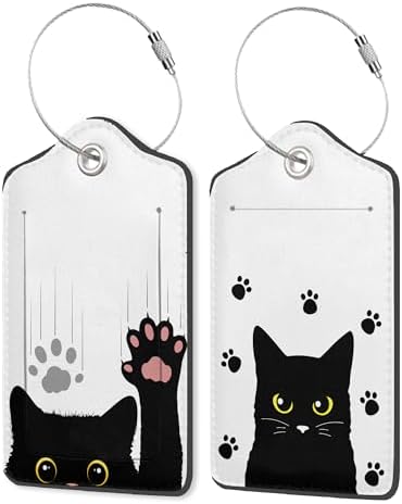 Set of 2 Luggage Tags for Suitcases, Leather Cute Black Cat Baggage Tags with Stainless Steel Loop, Privacy Name ID Card Cover Kawaii Travel Labels for Women Men Kids Girls