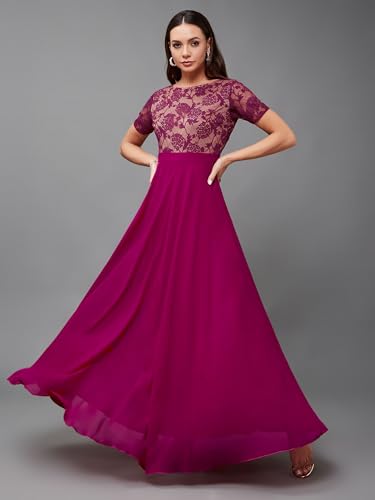 Image of Miss Chase Women's V-Neck Full Sleeve Self Design Lace-Overlaid Georgette Maxi Dress