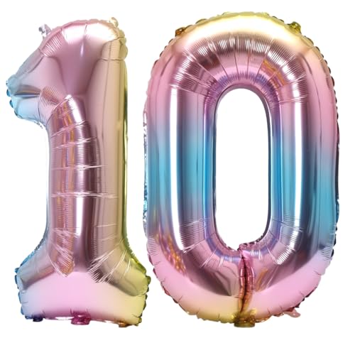 Image of Number 10 Balloon Foil Mylar Balloons for Birthday Party Decoration (Rainbow, 40 Inch)