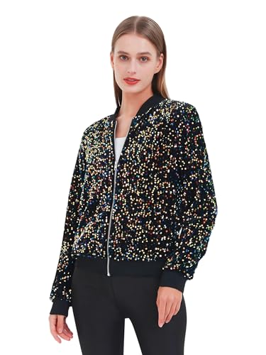 Anna-Kaci Velvet Long Sleeve Sequin Glitter Bomber Jacket Zip Night Out Blazer4