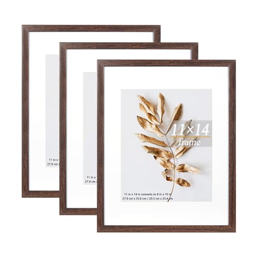 Hogaryo 11x14 Picture Frame Brown 3 Pcs Frames can Display 8x10 Picture with Mat or 11x14 Without Mat on the Wall