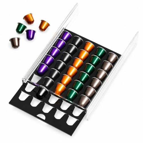Porta Capsule caffè in Vetro e Metallo, Organizer a Cassetto per 40 Capsule, Dispenser Capsule Trasparente Salvaspazio con Sistema Estraibile, Contenitore per Capsule caffè per Cucina e Piano Cucina