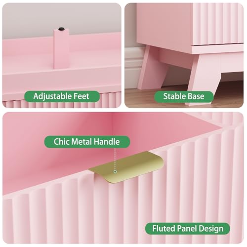 Image of Fluted Dresser for Bedroom with 6 Drawers, 48 inch Wide Modern Chest of Drawers with Metal Handle, Wooden Dresser TV Stand, Wood Closet Clothes Storage Drawer Organizer for Living Room, Hallway, Pink