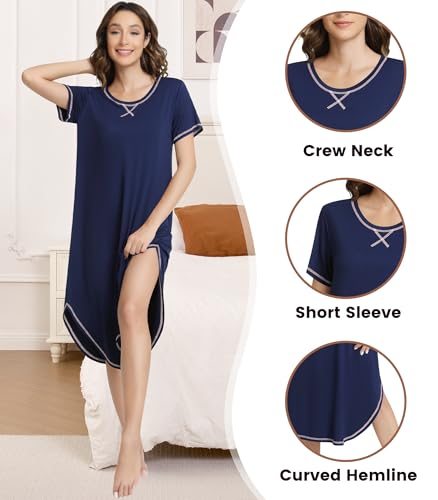 Image of NACHILA Women's Nightgowns-Viscose Made from Bamboo,Short Sleeve Sleepshirts Crew Neck Nightshirt Soft Sleep Dress
