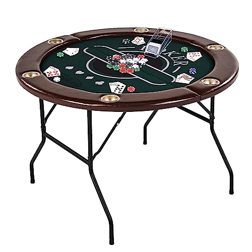 Barrington 6 Player Folding Poker Table, Round Card Table, Casino Style 46” Poker Table with Padded Rails, Cup Holders, and Poker Chips and Cards