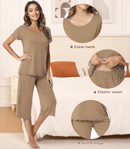 Image of NACHILA Women's Bamboo Viscose Pajama Sets Summer Cooling Short Sleeve Capri Soft Pjs Night Sweats Moisture Wicking Sleepwear