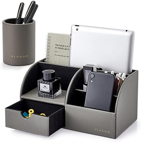 Vlando Multifunctional Desk Organiser Set, Pu Leather Stationery Holder Storage with Slide Drawer for Office, School and Home Use (Grey)
