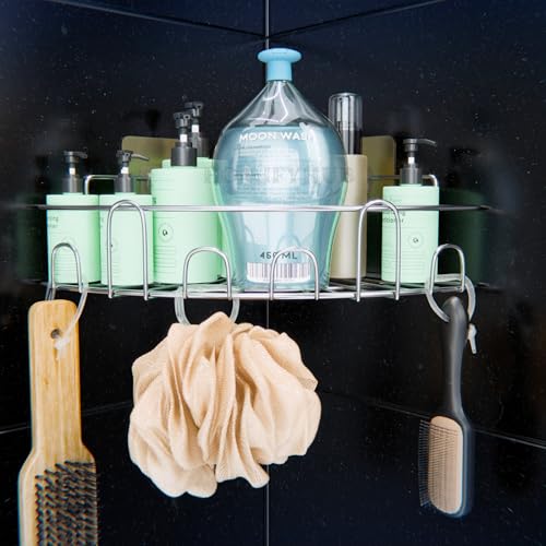 Image of Bathroom Organiser Without Drill | Adhesive Corner Shelf for Washroom Wall Hanging Corner Kitchen Sink Organizer Stainless Stee l Corner Stand for Kitchen & Bathroom (R Silver, Pack of 1)