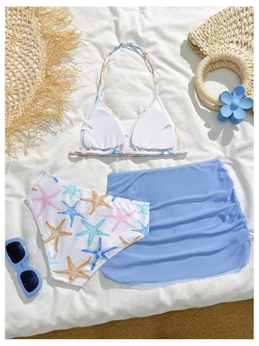 Image of RoseSeek Girl's 3 Piece Cute Bowknot Bathing Suit Halter Triangle High Waisted Swimsuit with Beach Cover Up Skirt