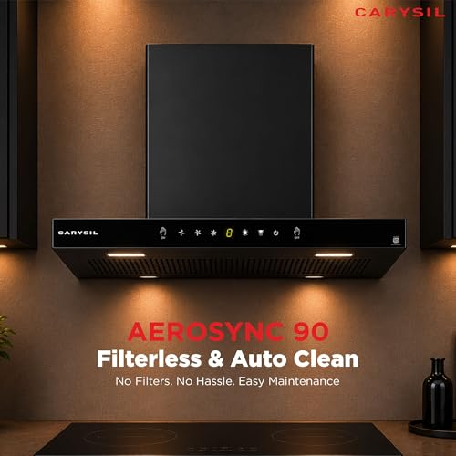 Image of Carysil AeroSync 90 cm Kitchen Chimney, T- Shape, 1500 m /hr Suction, Auto-Clean Filterless, 3-Speed Touch & Gesture Control, LED Lamp, 10-Year Warranty - Black