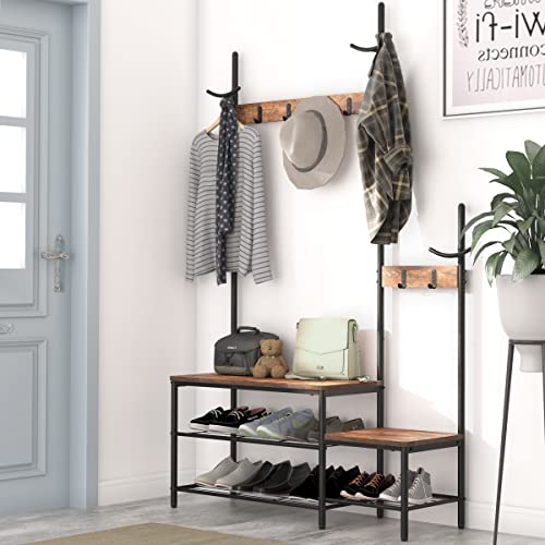 Charavector Industrial Parent-Child Hall Tree For Entryway, 1+1 Hall Tree Entryway Bench With Coat Rack, Wood And Metal Coat Rack With Shoe Bench, Storage Shelf Organizer Accent Furniture #TOP15