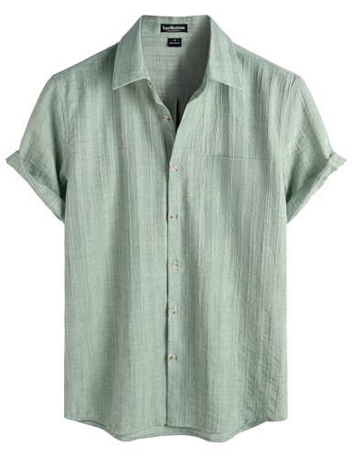 LucMatton Mens Vintage Bohemian Short-Sleeve Button-Down Shirt Casual Regular-Fit Striped Textured Summer Beach Tops Sage Green Large