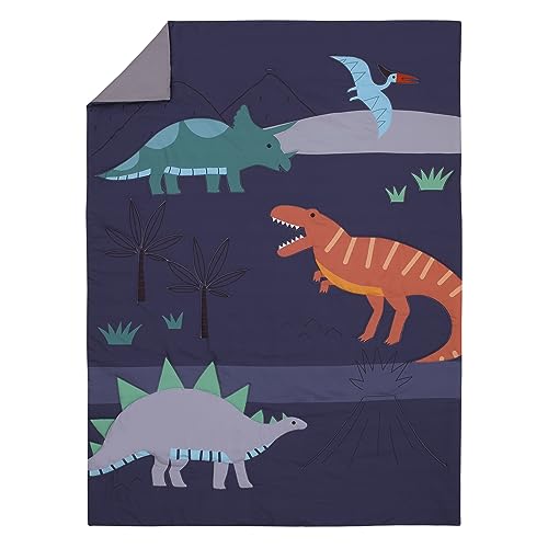 Image of Everything Kids Dinosaur Navy, Gray, and Orange Sleepy Saurus 4 Piece Toddler Bed Set - Comforter, Fitted Bottom Sheet, Flat Top Sheet, and Reversible Pillowcase