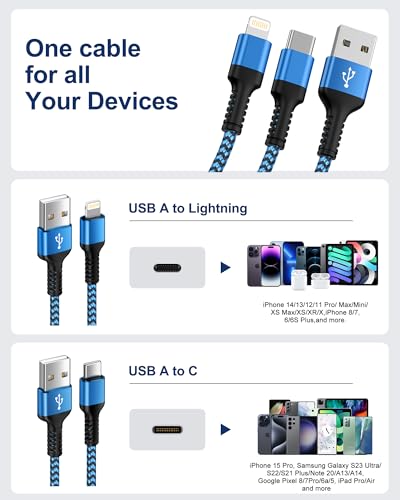 Image of Multi Charging Cable USB to USB C and Lightning Cable, 4ft Braided 2 in 1 Fast USB Cable with Type C /Lighting Port for iPhone 17 16 Pro Max 15 14 iPad Multiple Phone Charger Cord-Not Support CarPlay
