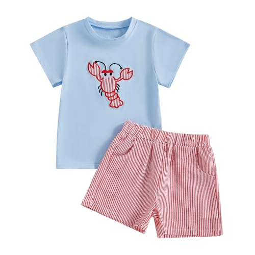 Image of Toddler Boy Summer Outfits Little Lobster Clothes Short Sleeve T-Shirts with Stripe Shorts 2Pcs Clothes Set (Crawfish Sky Blue, 5-6 Years)