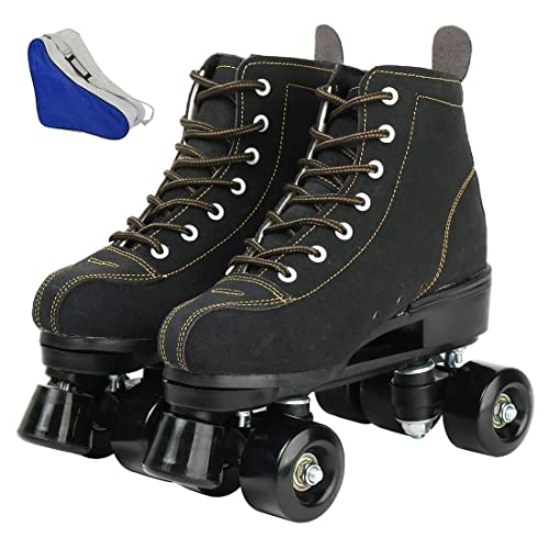 wilverz Roller Skates Double Row Skates Adjustable Four-Wheel Roller Skates for Outdoor, Size 4.5/5.5/6.5/7/7.5/8/8.5/9.5/10.5 (Black,40=UK: 7)