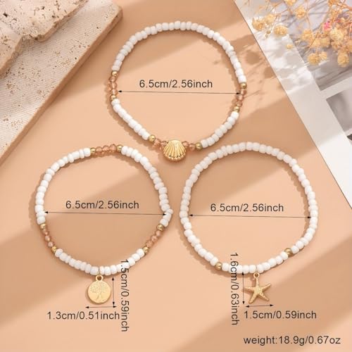 Image of Ankle Bracelets for Women Waterproof Beach Jewelry for Women Elastic Beaded Anklets Boho Seashell Pearl Starfish Anklets for Women Foot Jewelry