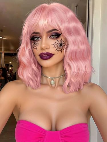 HairOccult Halloween Light Pink Bob Wig with Bangs Shoulder Length Short Wavy Heat Resistant Synthetic Curly Wavy Cute Hair Wigs for Women, Pastel Pink