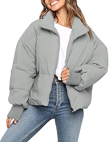 MEROKEETY Women's 2024 Winter Long Sleeve Zip Puffer Jacket Baggy Short Down Coats, Grey, XS