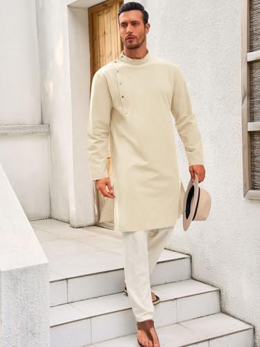 Image of Runcati Mens Kaftan Thobe Robe Long Sleeve Cotton Henley Shirt Casual Muslim Gown Salwar Kurta