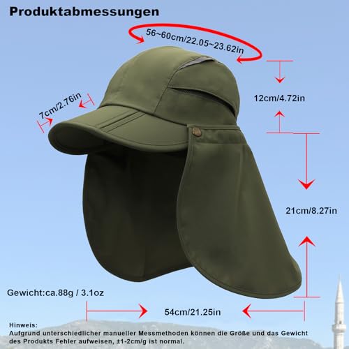 Huakunda Hut mit Nackenschutz Abnehmbarer Mehrzweck Sommer Sonnenhut Sonnenschutz Atmungsaktiv Schnell Trocknen UV-Schutz (DE/NL/SE/PL, Alphanumerisch, S, Armee-grün)