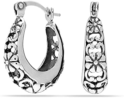 LeCalla Small 925 Sterling Silver Hoop Earrings Lightweight Italian Oval Oxidized Floral Filigree Hoop Earrings for Women