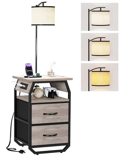 Image of runjuly Floor Lamp with Table, End Table with Light and Charging, Greige