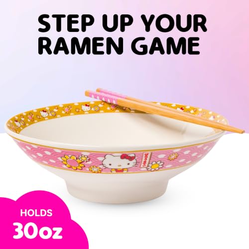 Image of Silver Buffalo Sanrio Hello Kitty Pink, Ramen Bowl with Chopsticks, 30oz | Gold Japanese Pattern with Flowers, Ceramic, Noodle Rice, Microwave Safe, 0.89 Liters