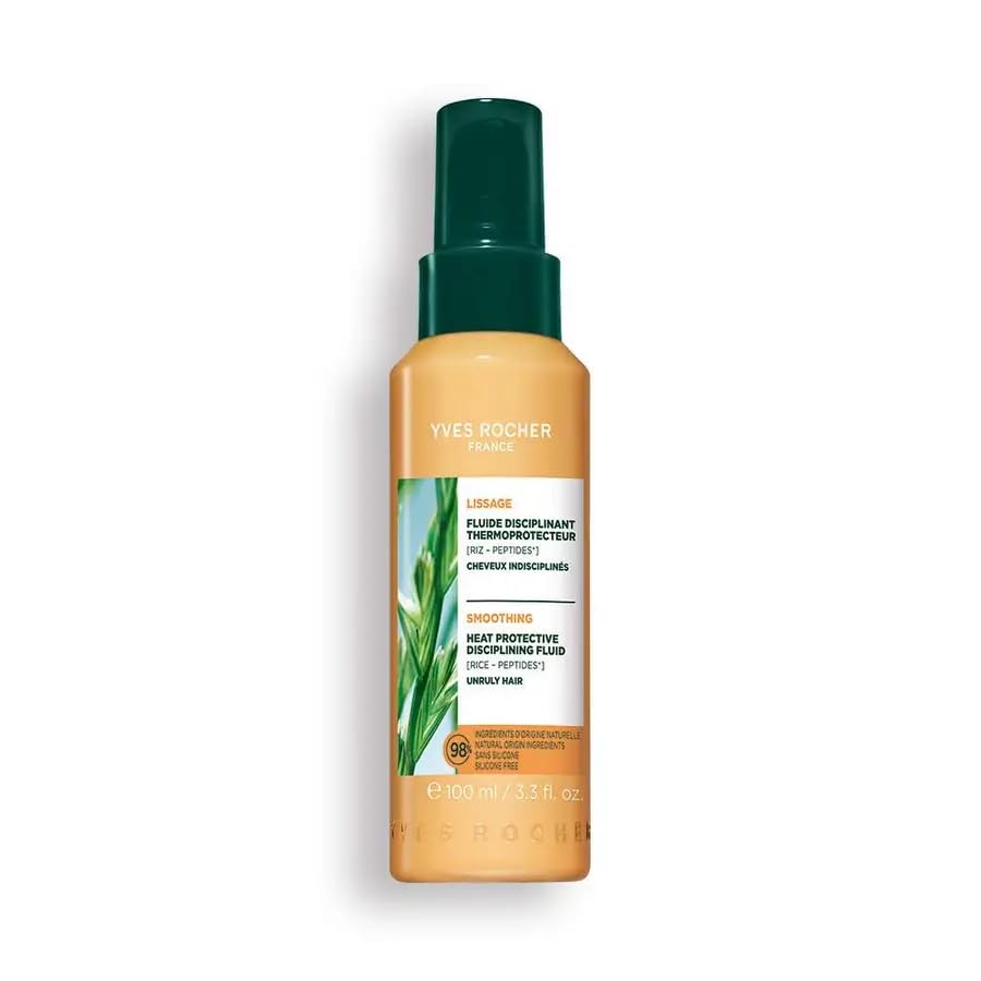 Yves Rocher Heat Protective Disciplining Fluid Thermal Protection Hair Spray Smooth Shiny Rice Peptides Lightweight for All Hair Types – 100 ml / 3.38 fl.oz