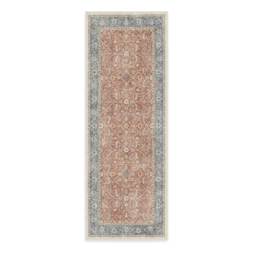 RUGGABLE Celestine Runner Rug - Perfect Vintage Washable Runner Rug for Entryway Hallway Kitchen -Pet & Child Friendly -Stain & Water Resistant -Non Slip Rug Runner- Coral 2.5'x7' (Standard Pad)