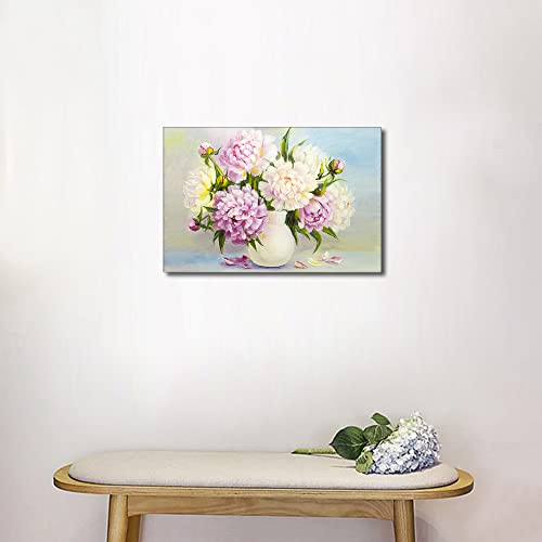 TISHIRON Canvas Wall Art Painting,Modern Peony Pink Flowers Nordic Decorative Artwork Oil Painting Print for Bedroom Kitchen Living Room Home Decor Framed Ready to Hang 16x24 inch - Image 4