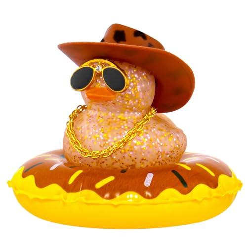 wonuu Car Duck Ornament Dashboard Decorations Rubber Duck Car for Car Dashboard Accessories with Swim Ring Sunglasses Hat and Necklace, B_Light Brown_Black Spot Brown Cowboy Hat_Donut