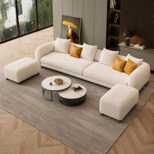 Image of Modern Boucle Sofa for Living Room Bedroom Reception and Office Wooden Polished Leg Sofa for Living Room (Off White, 3 Seater +Ottoman Set)